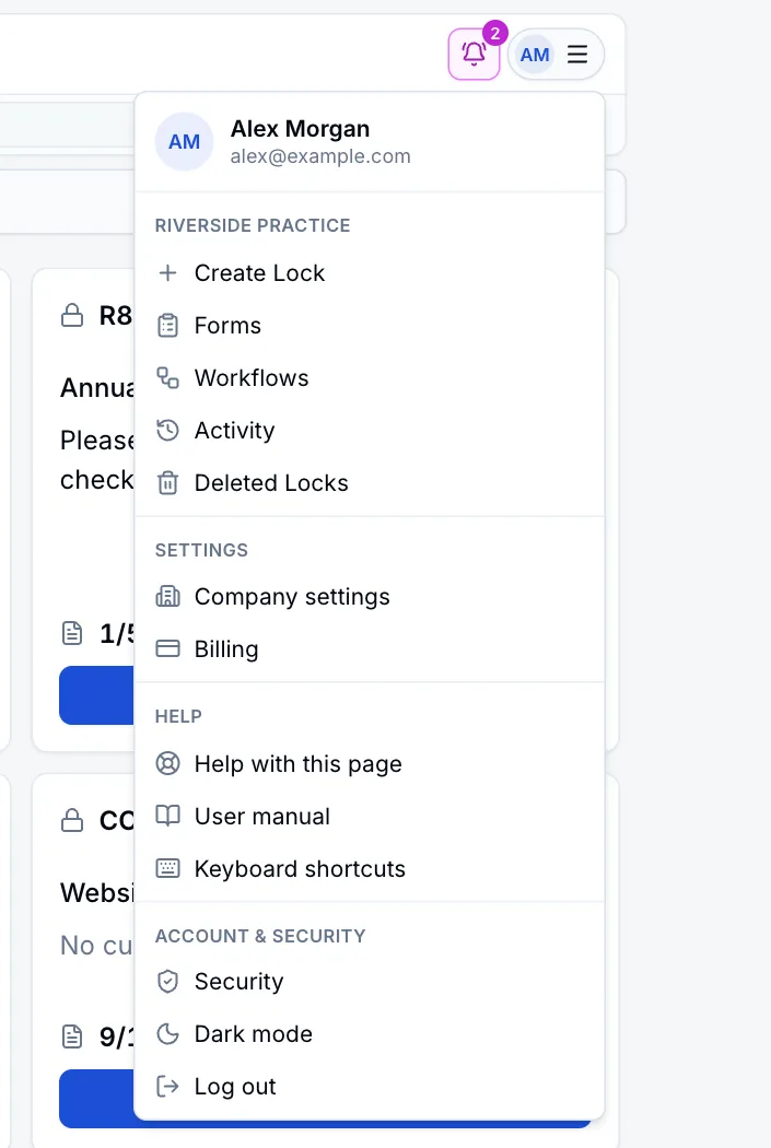The ☰ menu open, showing company, settings, help and account items