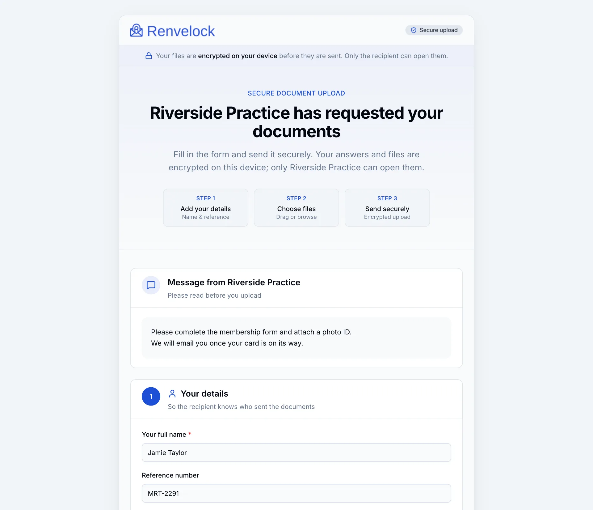 A form on the client upload page