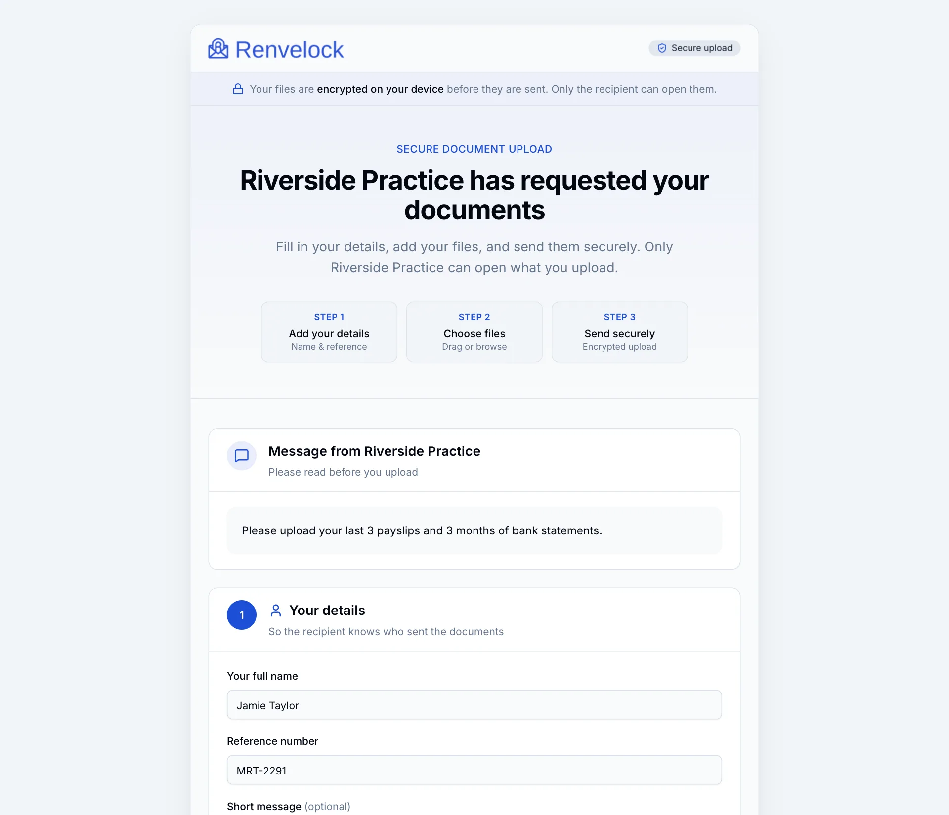 The client upload page