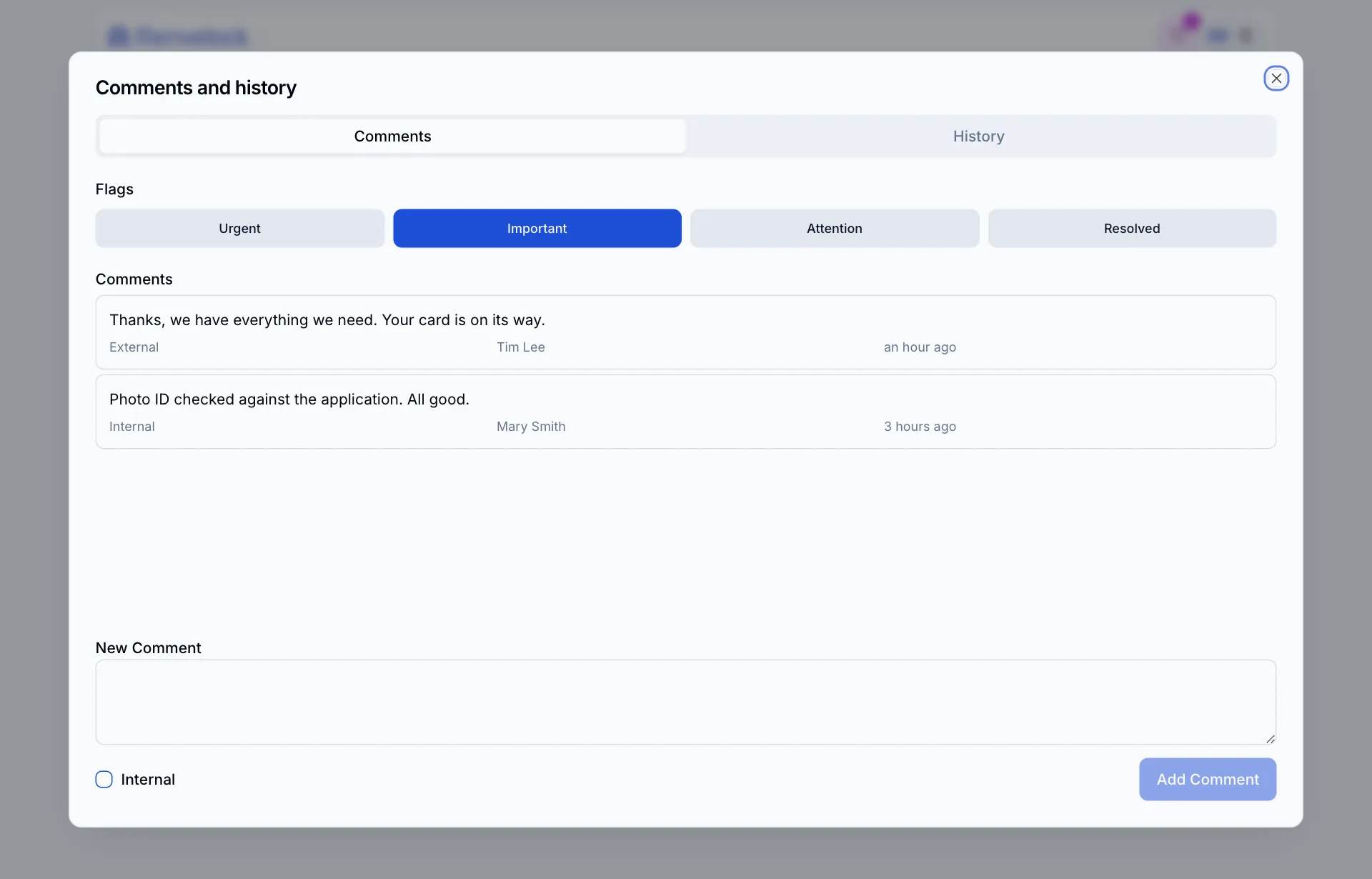 The Comments and history dialog with flags and two comments