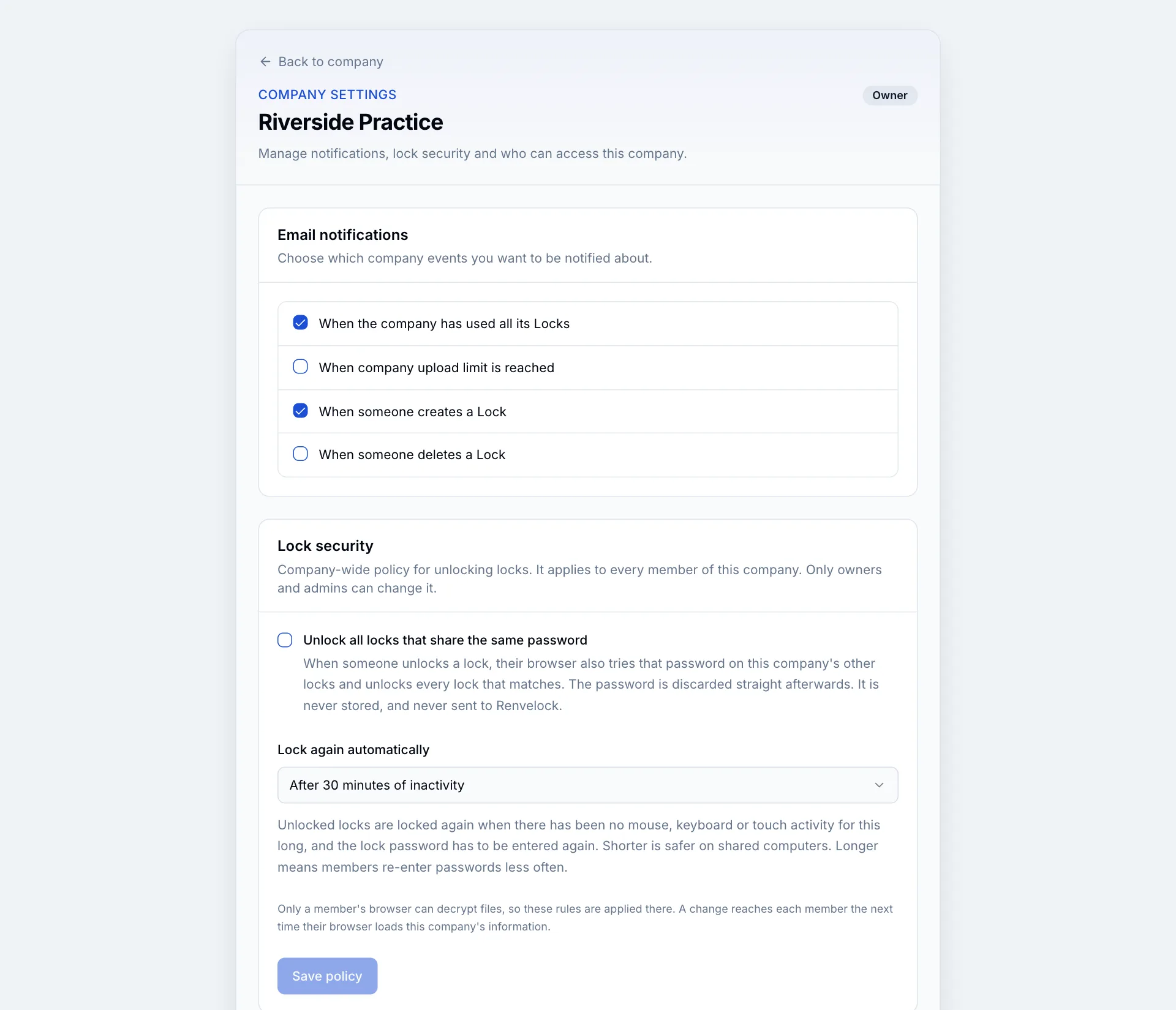 Company settings with Email notifications and Lock security