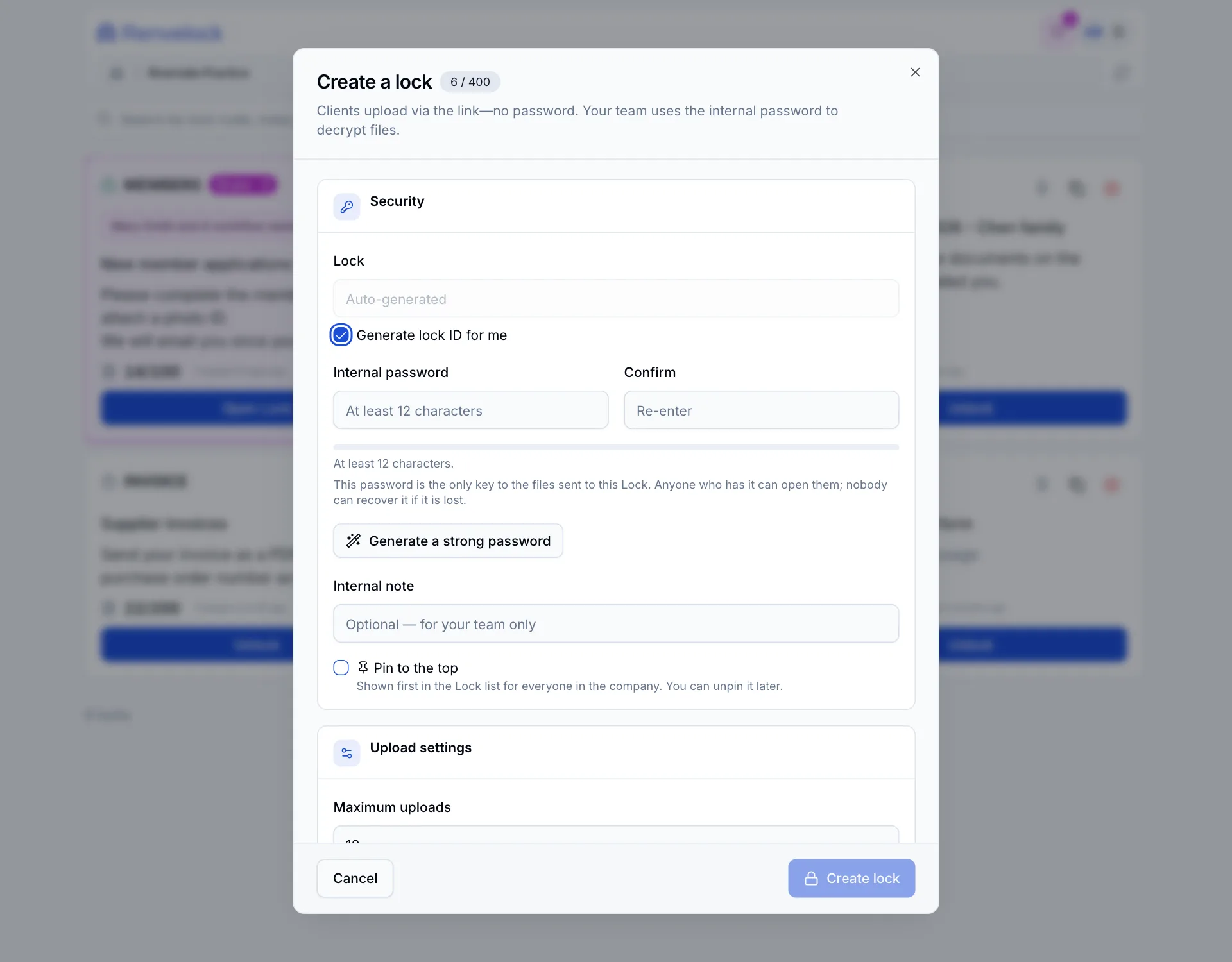 The Create a lock dialog
