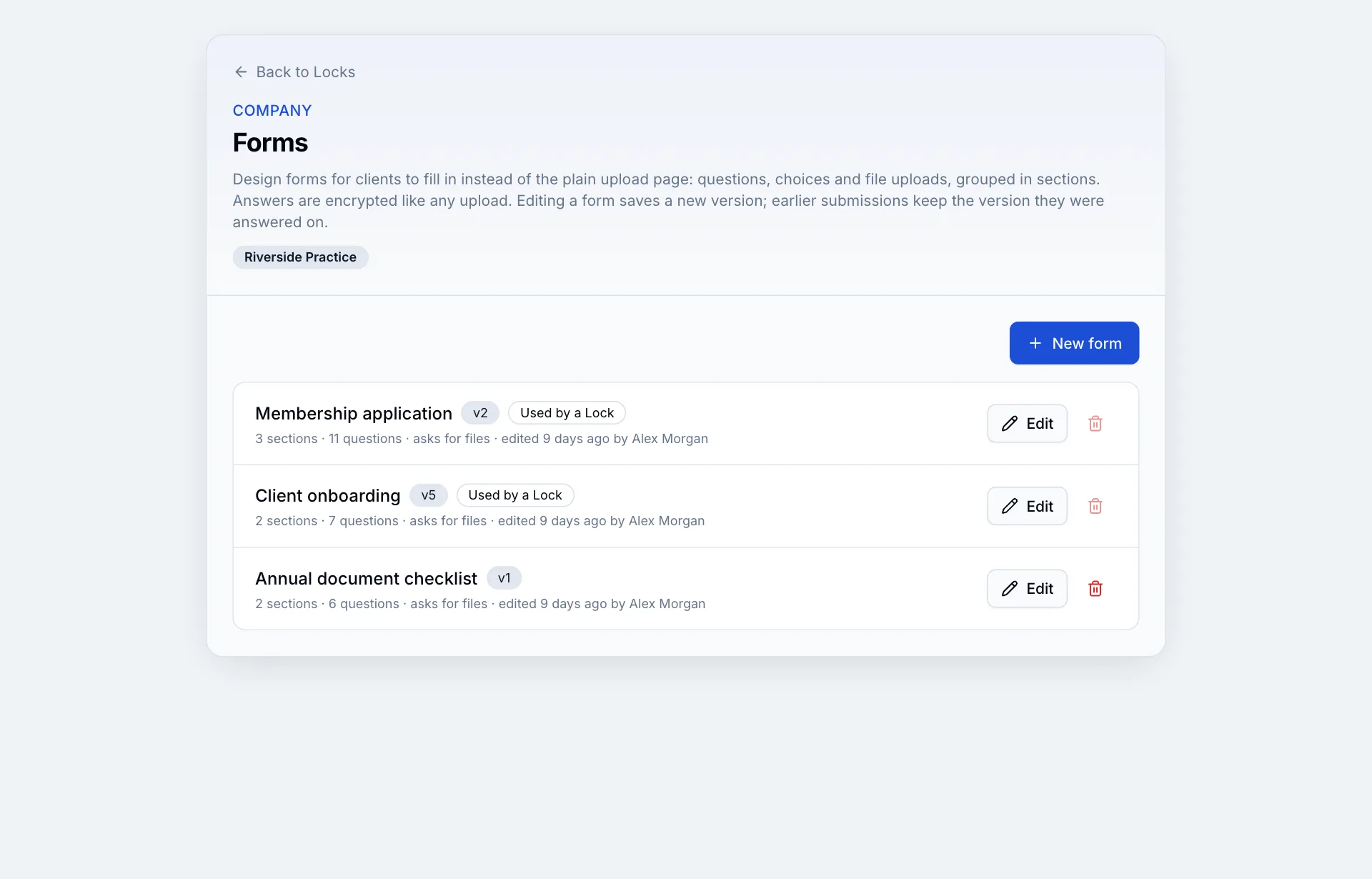The Forms page listing three forms