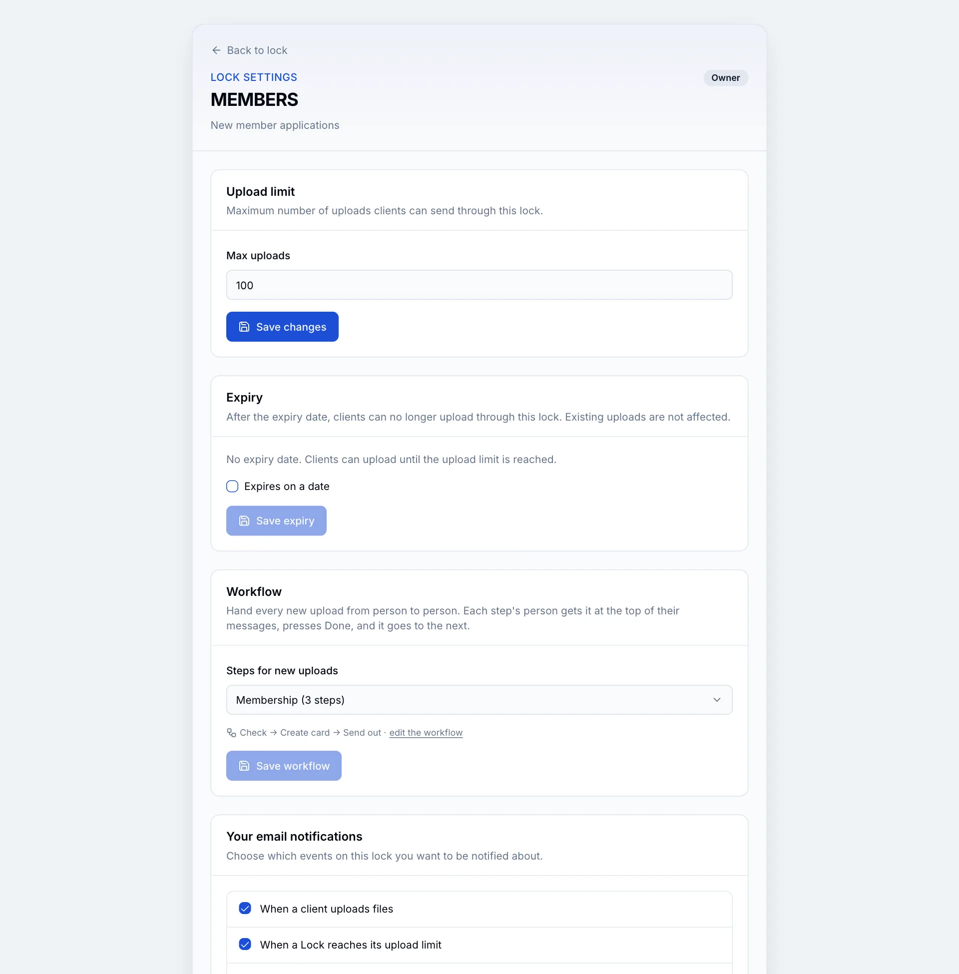 The Lock settings page