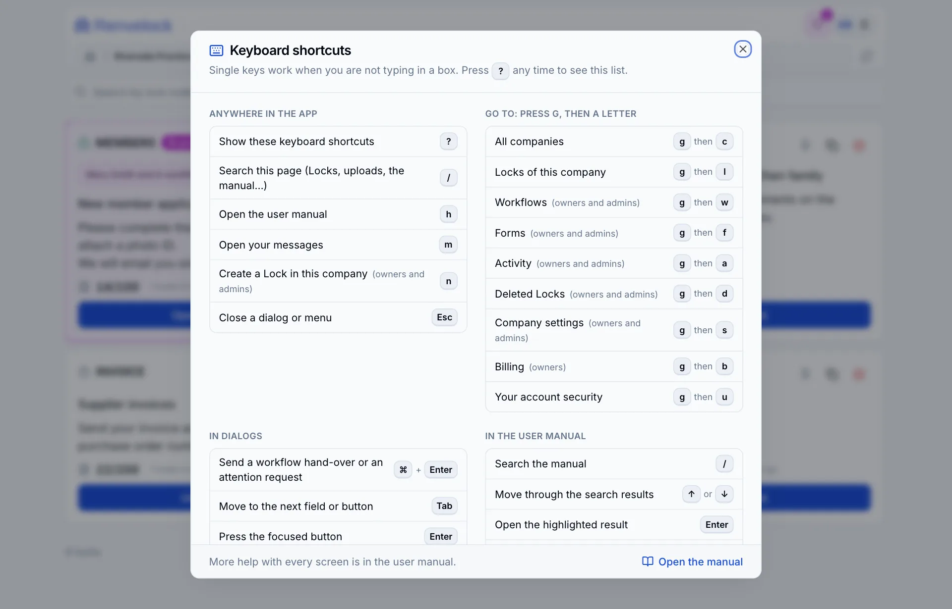 The Keyboard shortcuts window