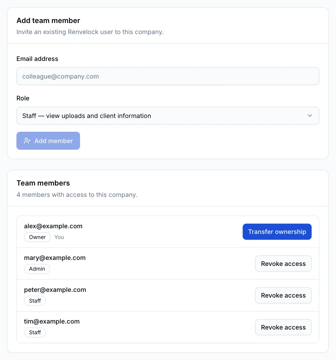Add team member and Team members sections