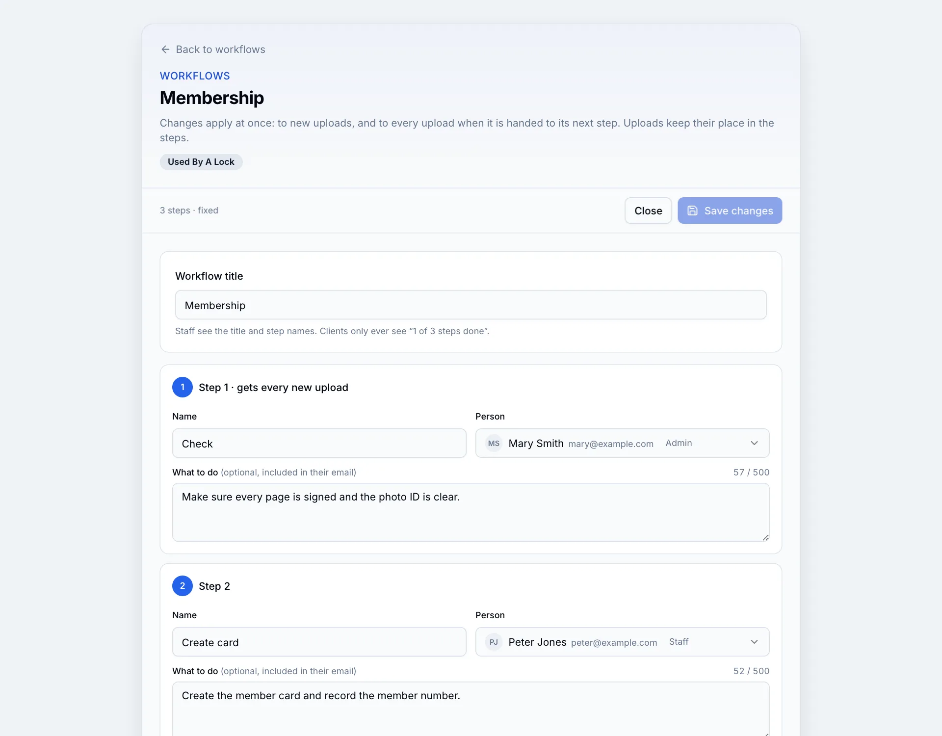 The workflow editor with three steps