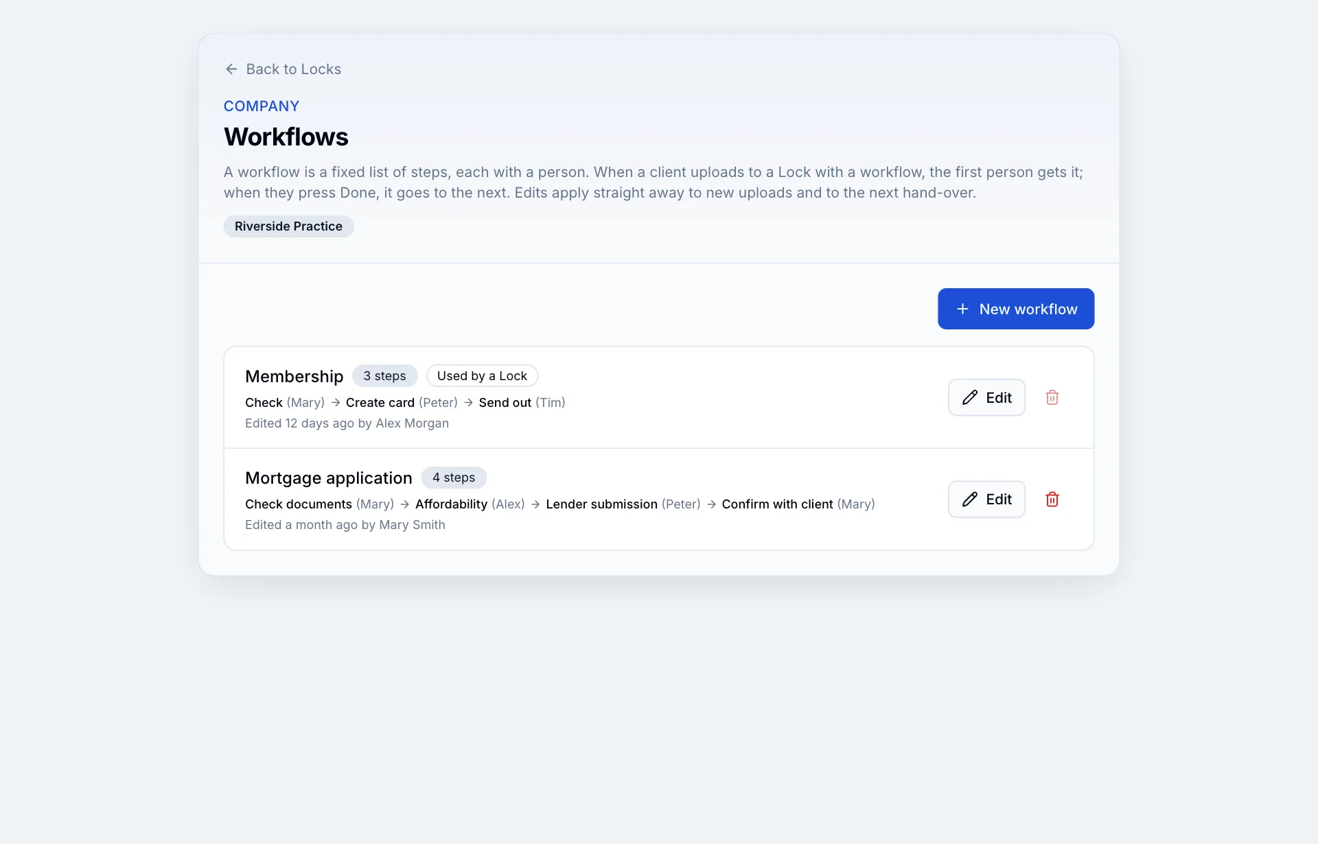 The Workflows page listing two workflows
